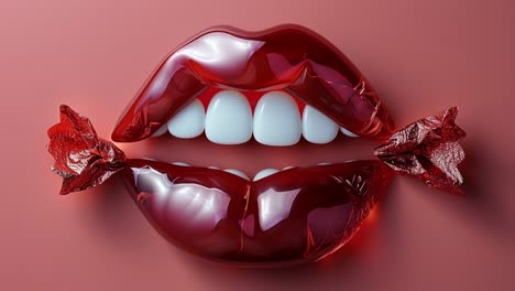 red glossy lips with candy wrapper