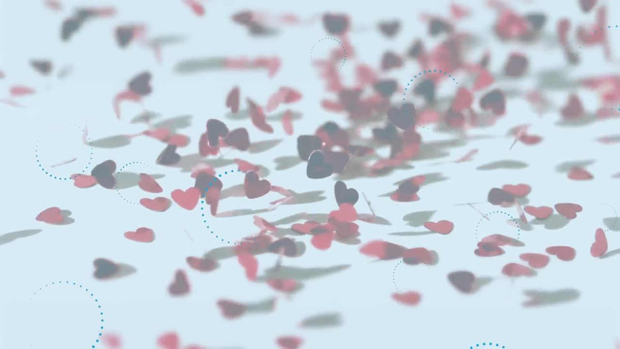 ⁇ 색 배경에 떨어지는 여러 개의 심장 위에 떠다니는 여러 개의 두드러기 아이콘