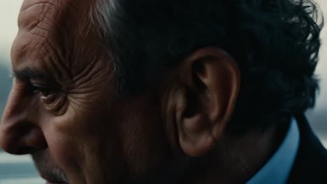 close-up portrait of a man looking out a window