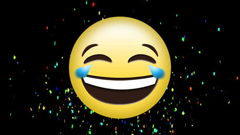 animation of multi coloured confetti falling and smiling emoticon on black