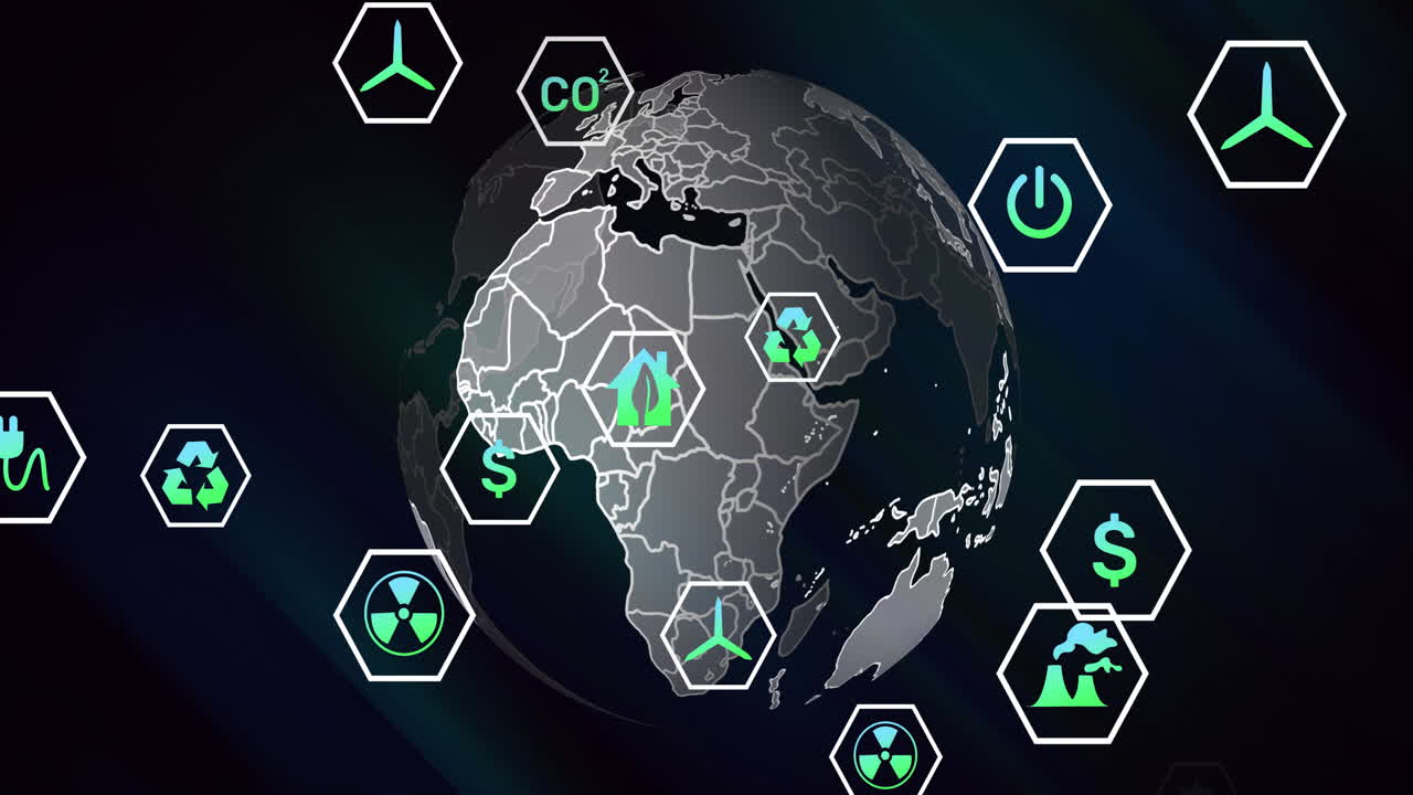 어두운 배경 위에 지속 가능성 아이콘 애니메이션으로 회전하는 지구