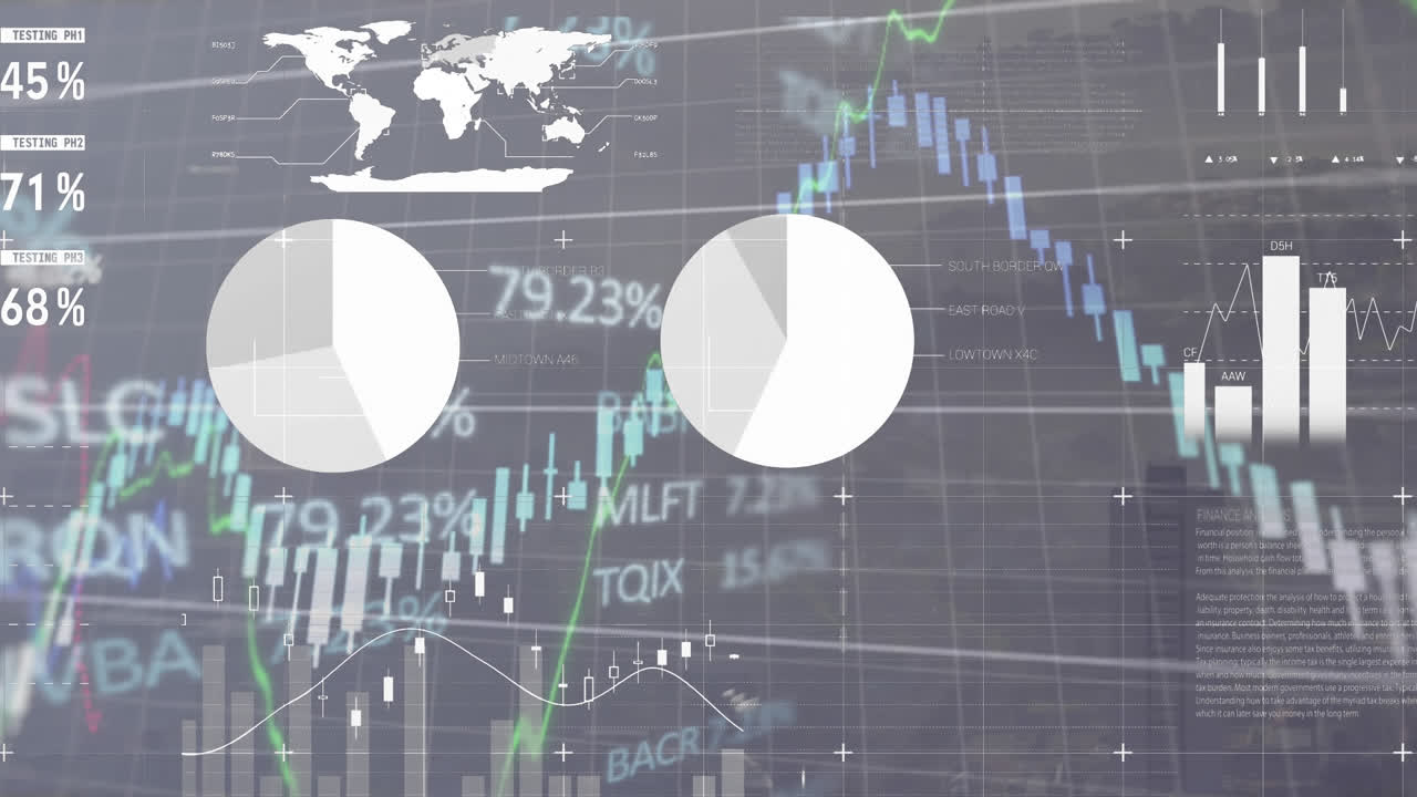 도시 풍경의 공중 전망에 대한 통계 및 증권 시장 데이터 처리의 애니메이션