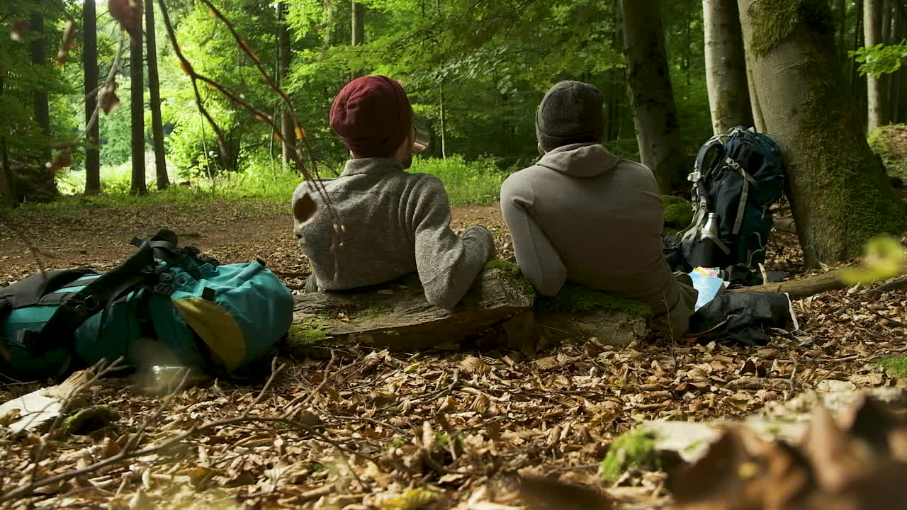 Two friends take a cozy coffee break while hiking in a beautiful, sun-dappled forest. This peaceful, from-behind shot is perfect for themes of adventure and simple pleasures