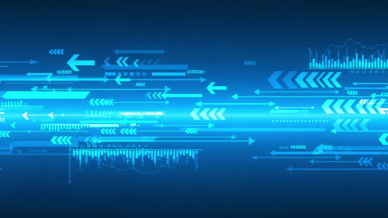 Dynamic Flow of Digital Arrows and Graphs Illustrating Data Movement and Trends in a Blue Themed Technology Background