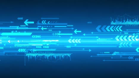 dynamic flow of digital arrows and graphs illustrating data movement and trends in a blue themed technology background