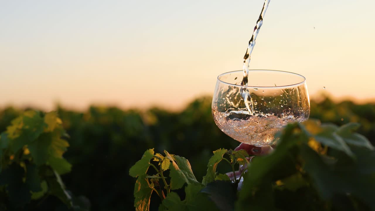 Vino versato in un bicchiere in un vigneto al tramonto