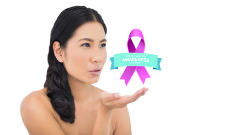 Animation-of-pink-ribbon-logo-with-breast-cancer-text-over-young-woman