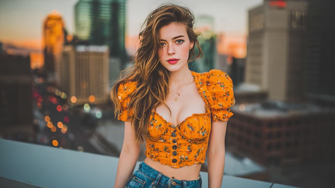 A Vibrant Sunset Portrait of a Young Woman in a Floral Top Against a City Skyline, Highlighting Urban Lifestyle and Natural Beauty in Urban Settings