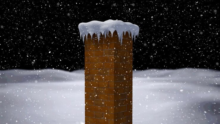 Animation of snow falling over chimney covered in snow and winter landscape background