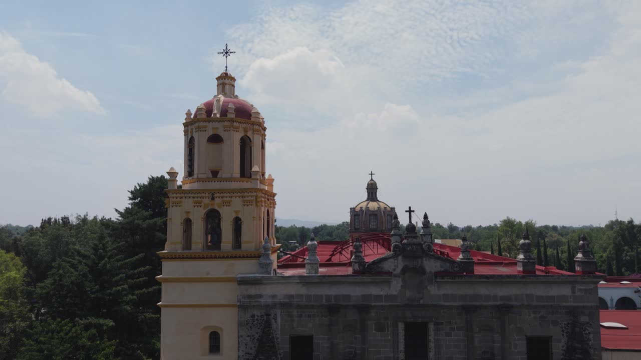 Drone launching in front of a Coyoacan church, Mexico City