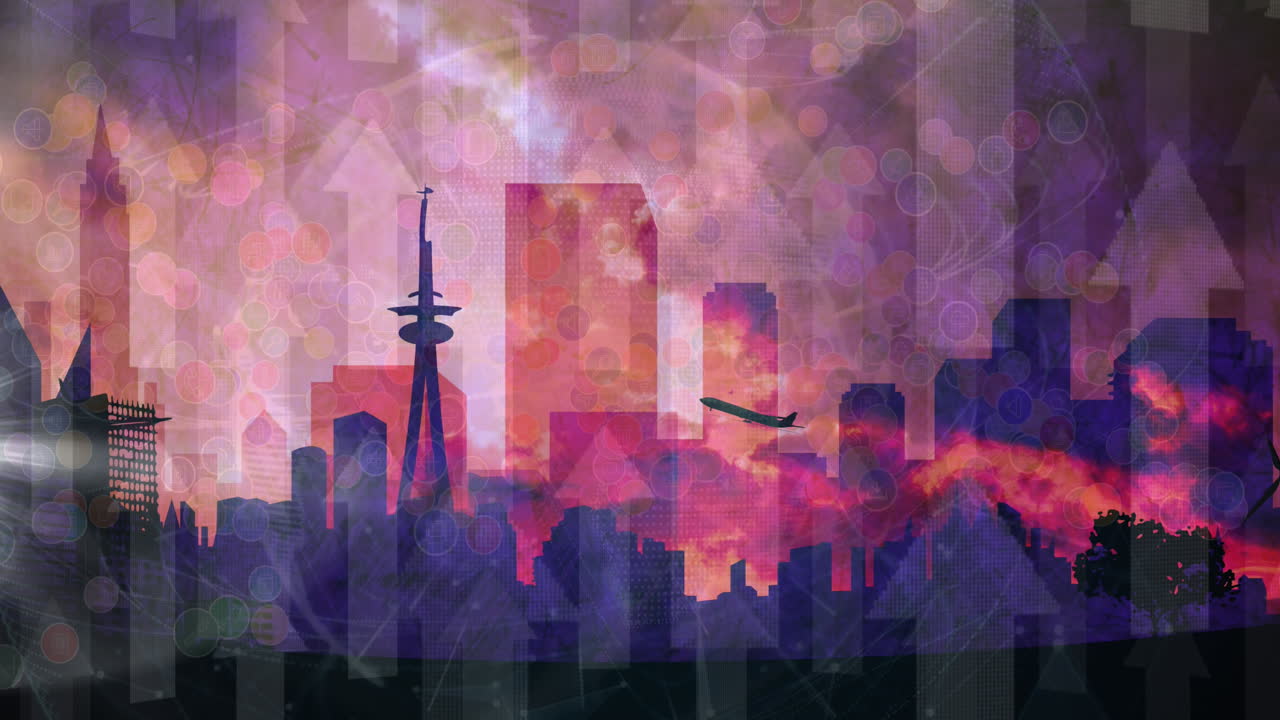 Animation of numbers processing over airplane taking off and cityscape and arrows in background