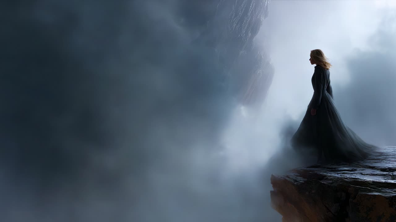 A solitary figure in an ethereal landscape stands at the edge of a rocky cliff, shrouded in mist, conveying feelings of mystery, isolation, and introspection against a dramatic backdrop