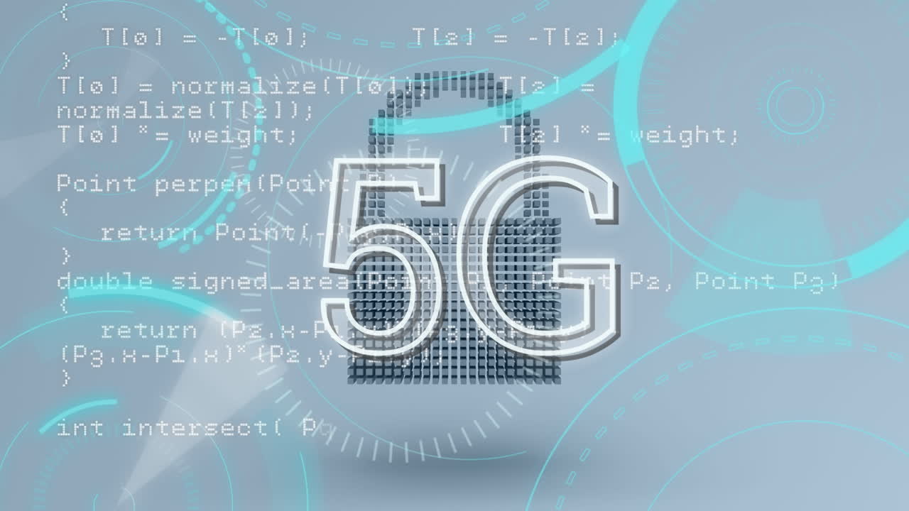 iconos y un 5g escrito en el medio de un círculo futurista con códigos de programa en el fondo.