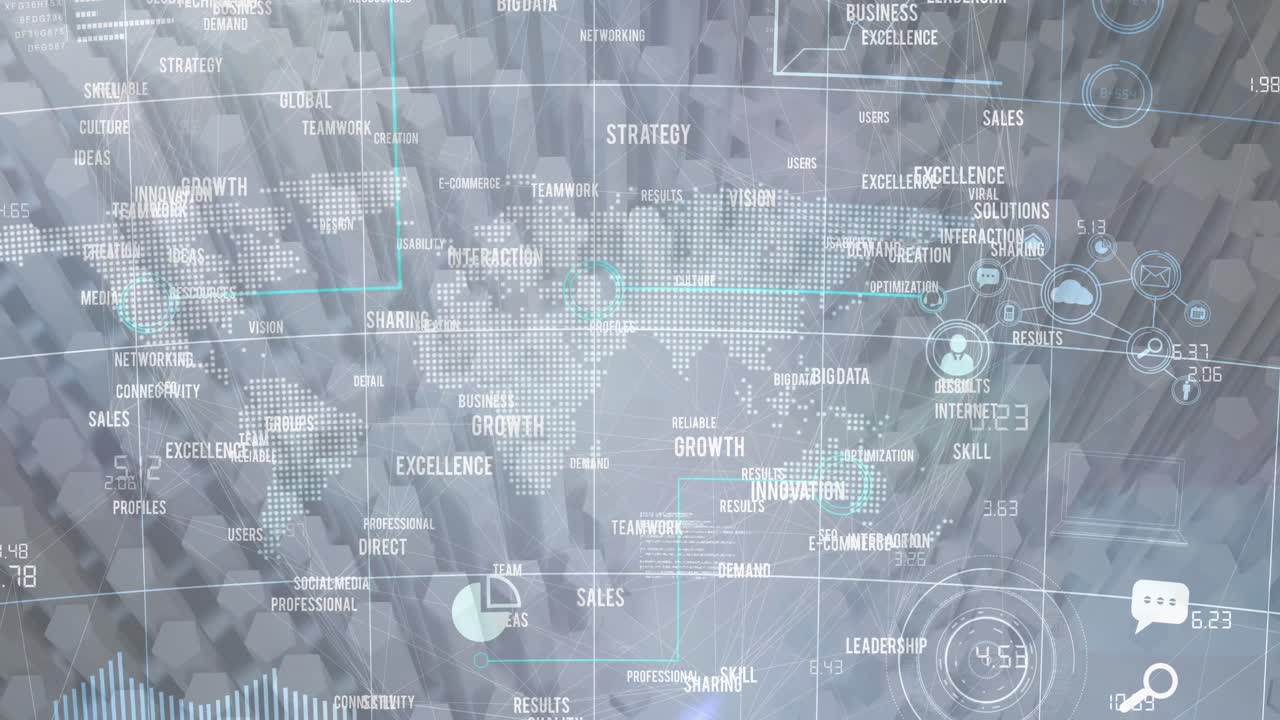 Animation of digital icons and business text over world map on 3d white blocks in background