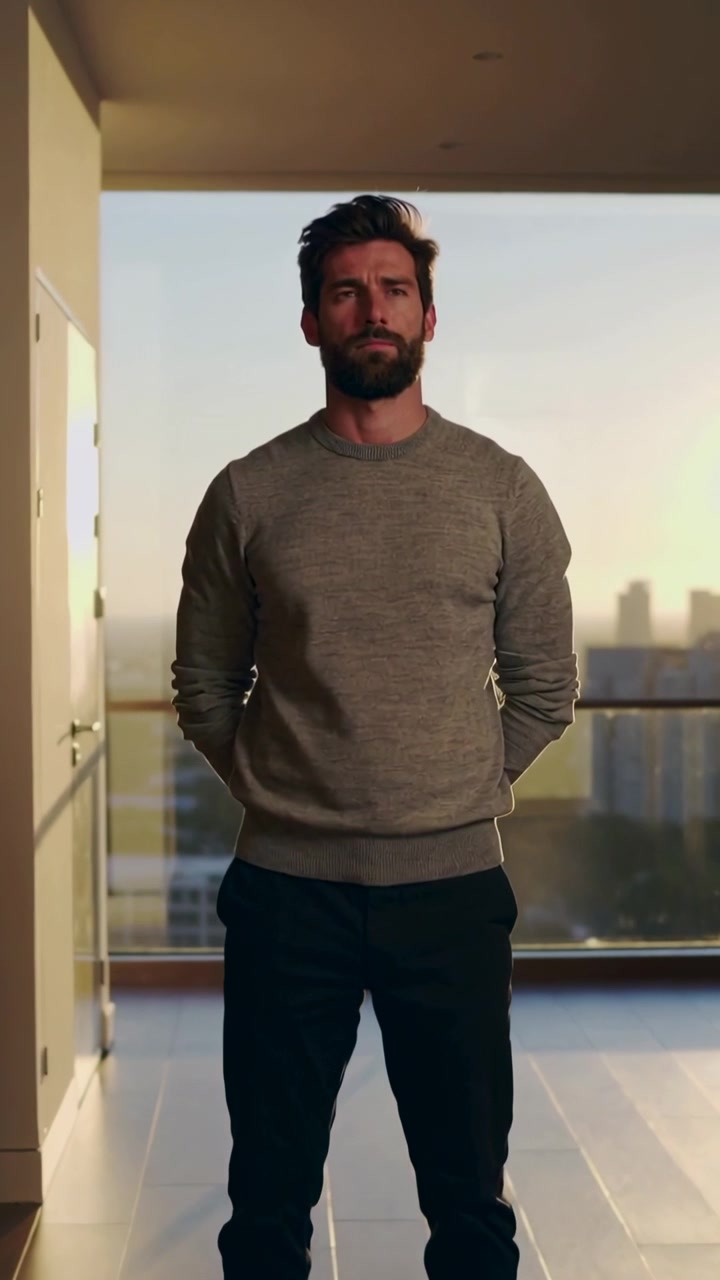 Video verticale: Uomo in piedi con maglione grigio che guarda in alto verso un balcone di vetro mentre la luce del tramonto colpisce la città.