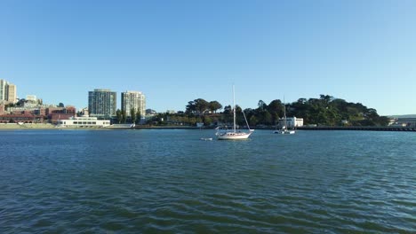 Static-Shot-Of-Sailing-Boat-anchored-In-Blue-Water-Sea-In-Front-Of-City-Bay,-San-Francisco