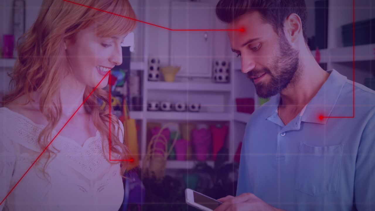 animación del procesamiento de datos financieros sobre personas caucásicas que usan terminales de pago