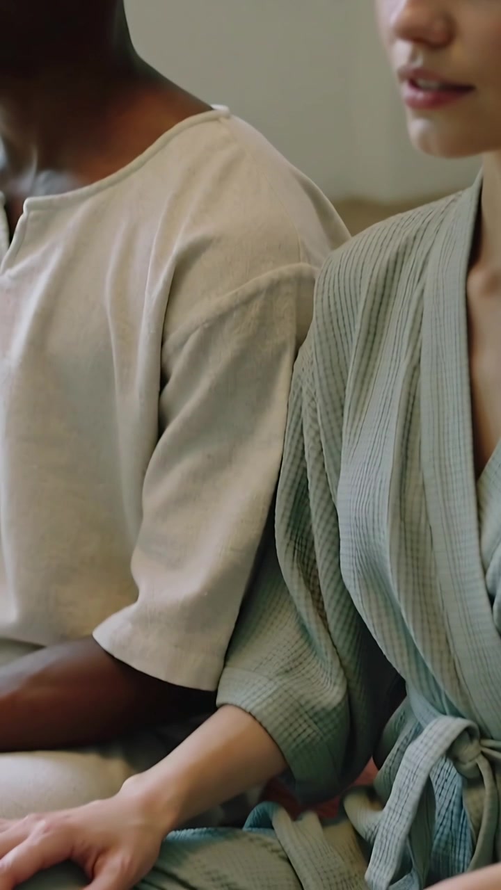 Vertical video: Talking woman in robe placing hands on lap on sofa, man in short sleeves listening