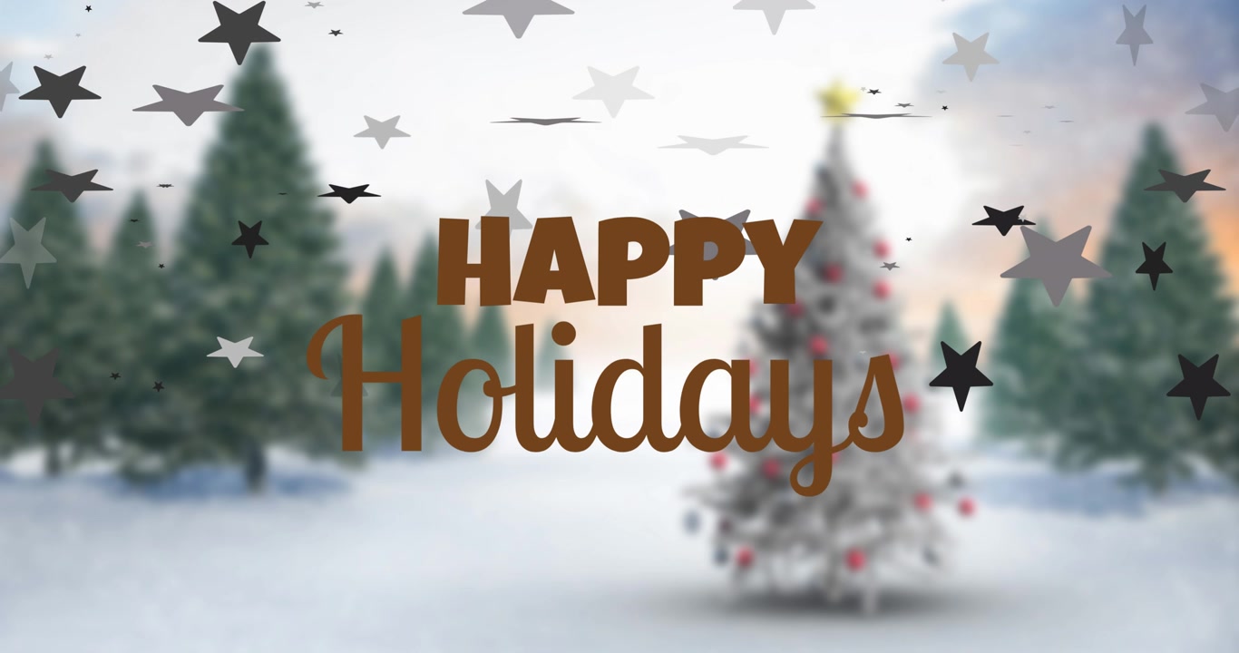 Happy Holidays Greeting with Animated Christmas Tree and Falling Stars