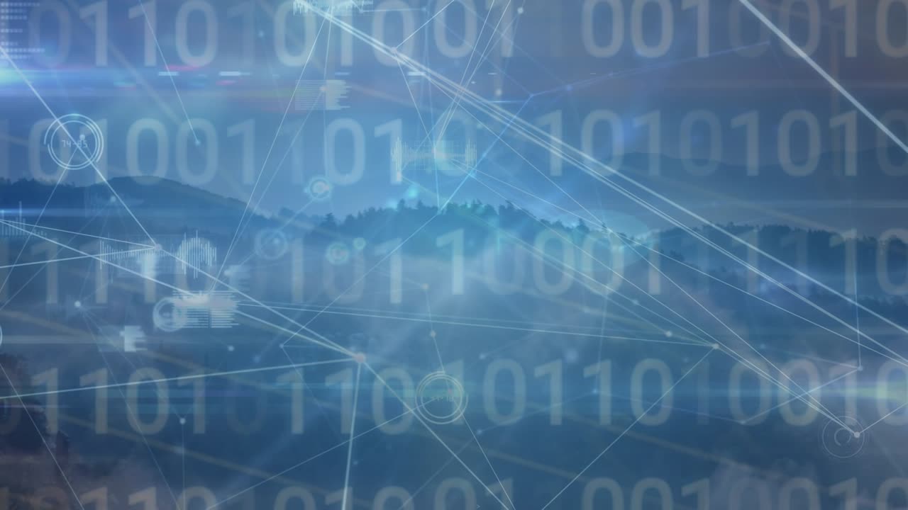 Animazione di connessioni e codice binario su un paesaggio