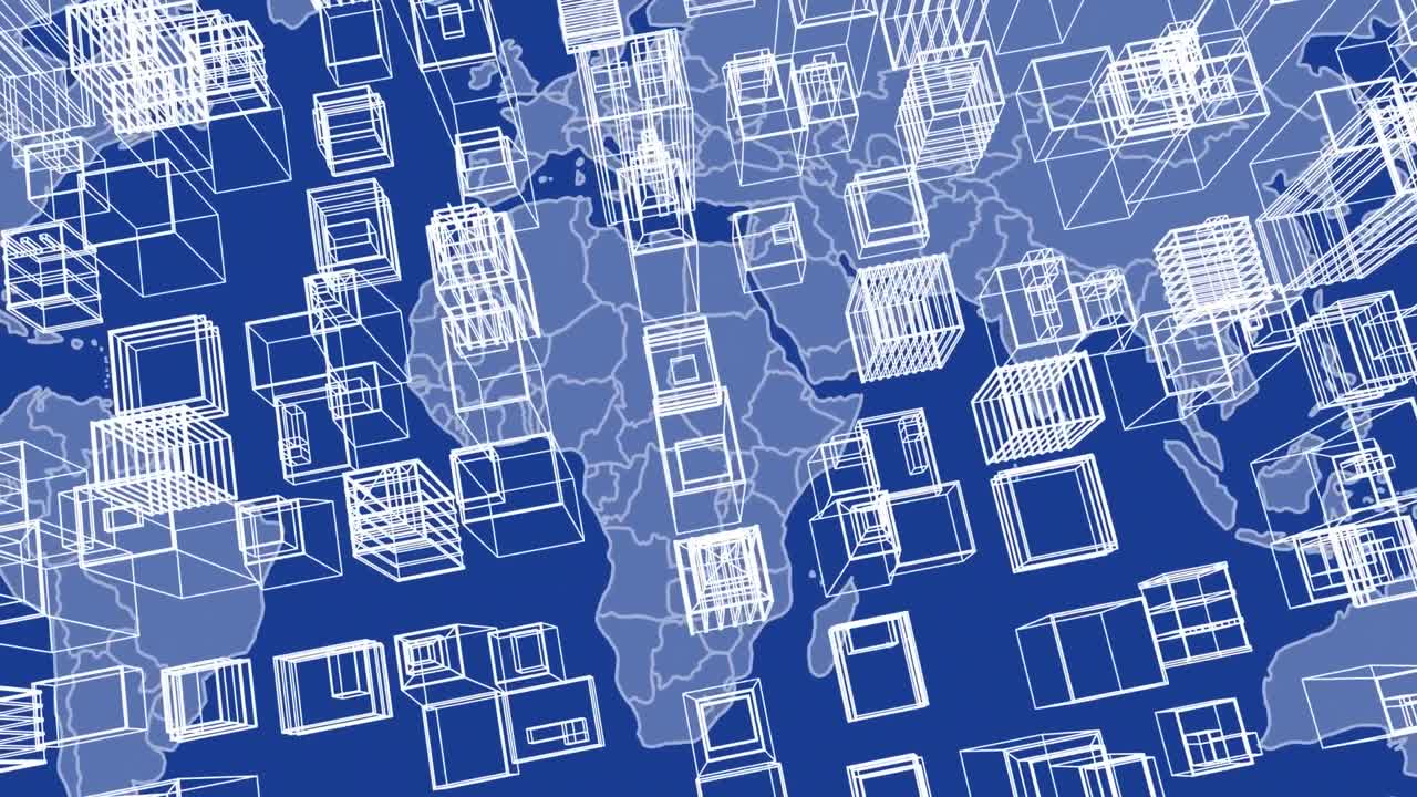 animación de la ciudad digital sobre el mapa del mundo en fondo azul.