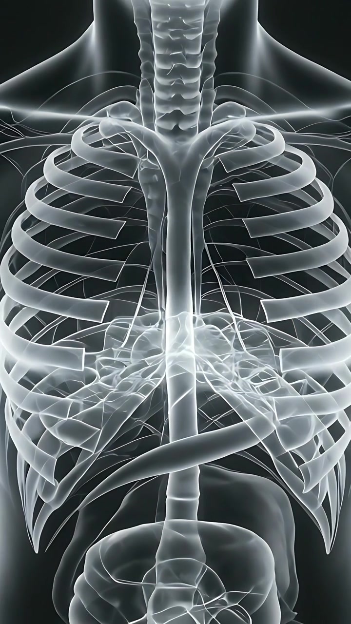Video verticale: Visualizzazione di una radiografia frontale del torace su un display clinico, che mostra costole, sterno e colonna vertebrale.