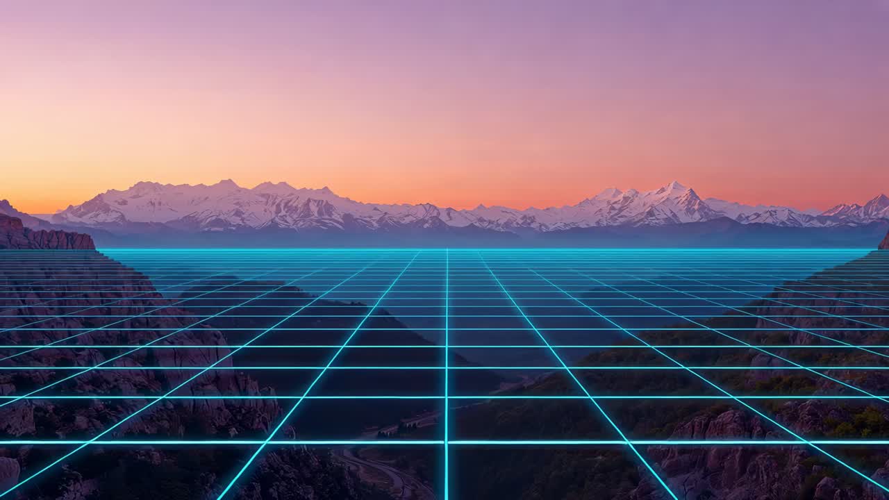 Starting sequence showing glowing cyan grid plane receding toward horizon at dusk with snow peaks