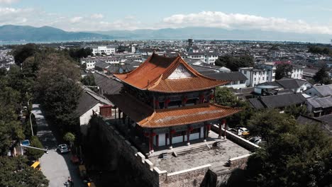 Ancient-Nanzhao-watchtower,-Chinese-architecture-in-Dali-old-town-Yunnan,-aerial