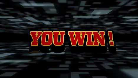 animation of you win text with exclamation and lightning over squares against black background