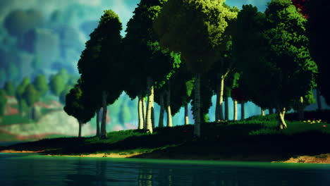paisaje de bosque verde de dibujos animados con árboles y lago