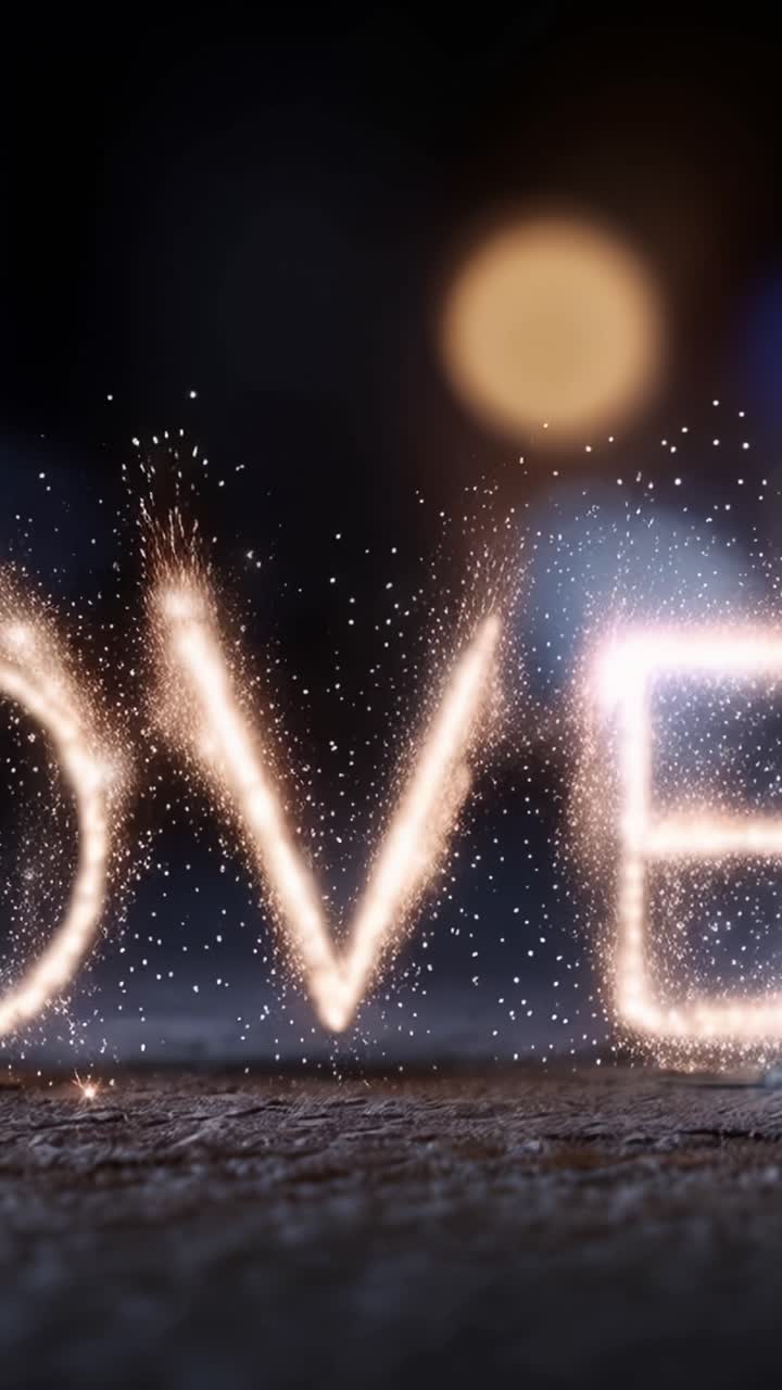 A Mystical Display of Animated Sparkles Forming the Word 'LOVE' in a Dreamy and Enchanting Atmosphere with Blurred Background Lights