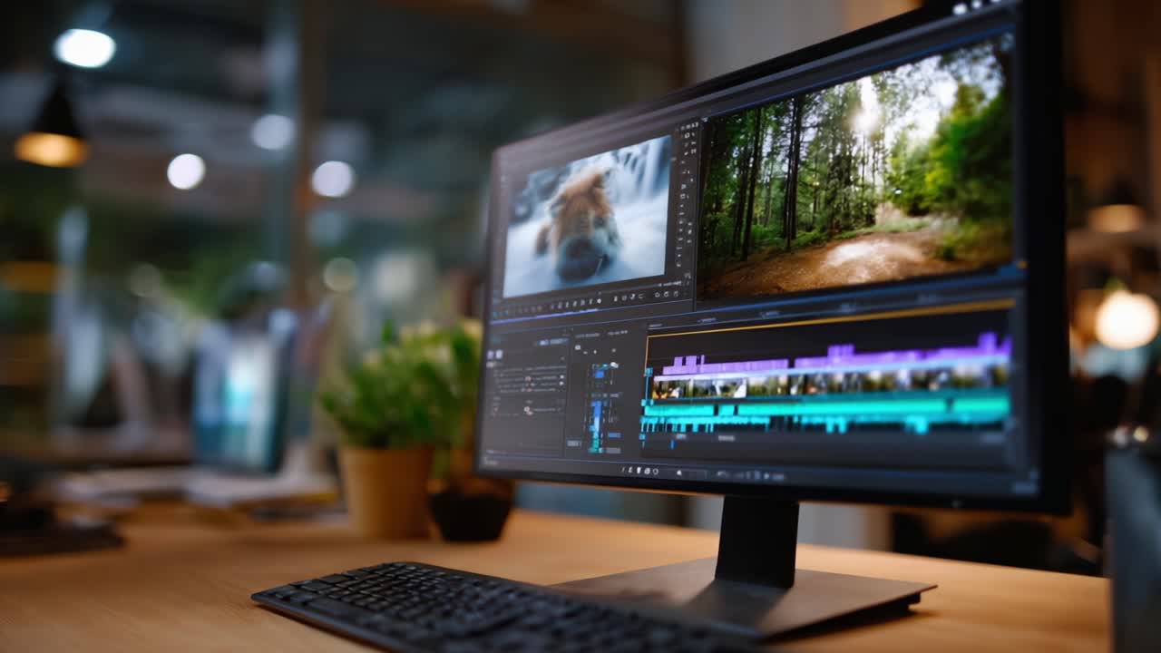 Area di lavoro dinamica per l'editing video che mostra diverse aree di lavoro in un ufficio moderno con vegetazione lussureggiante vicino allo schermo di un computer focalizzato su scene naturali