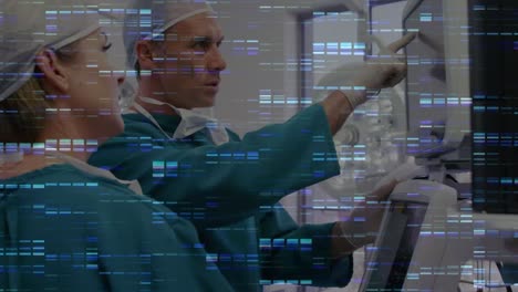 animation of blue mosaic squares over caucasian male and female surgeons using machinery