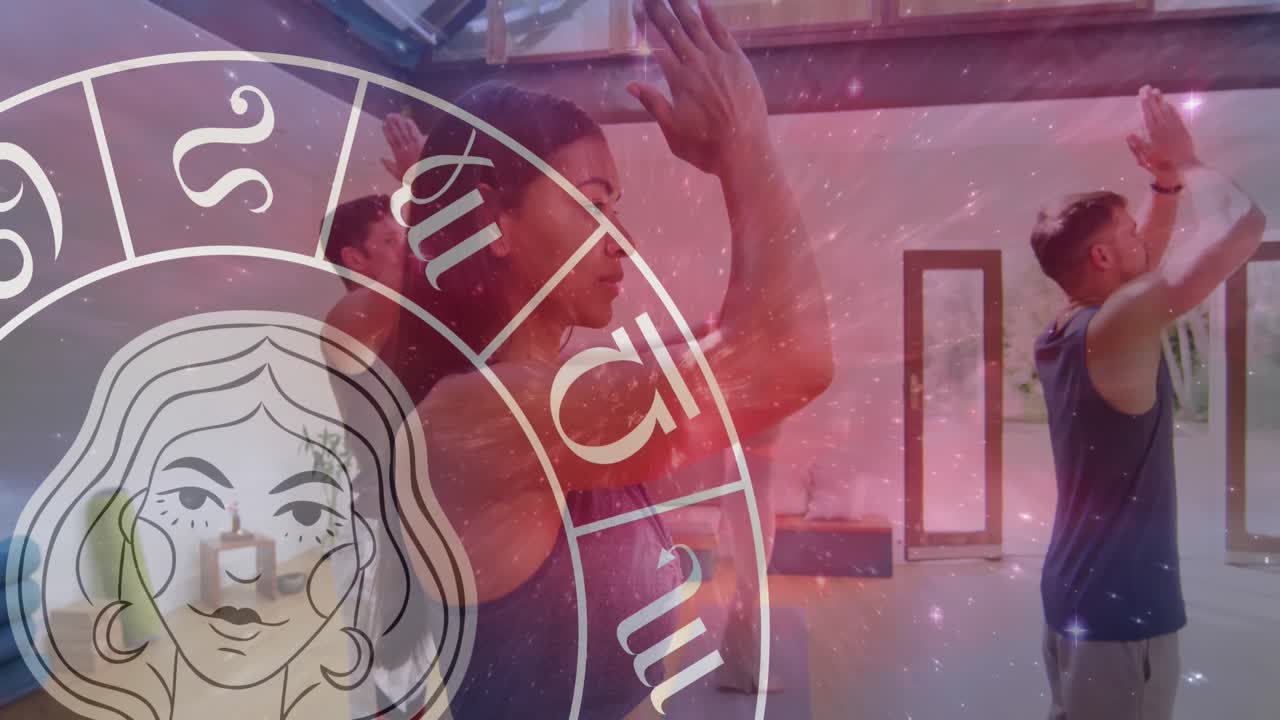 요가를 연습하는 다양한 사람들 위에서 별자리 조디악  ⁇ 의 애니메이션