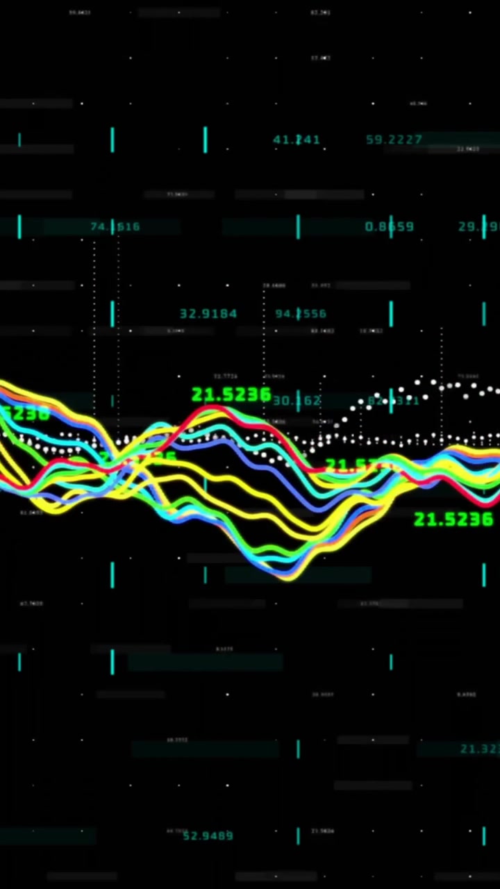Animation of data and colourful graph processing over grid on black background