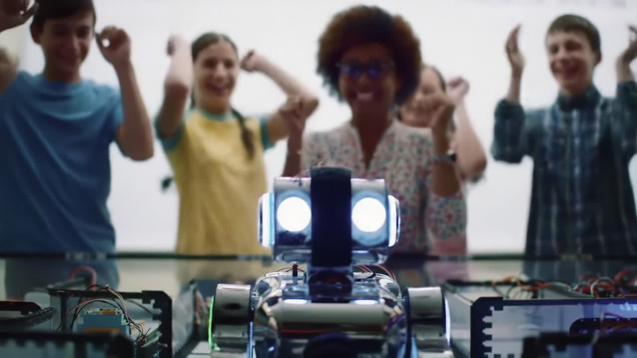 Celebrating Success: A group of enthusiastic students and their mentor cheer as a programmable robot showcases its capabilities in a lively classroom environment