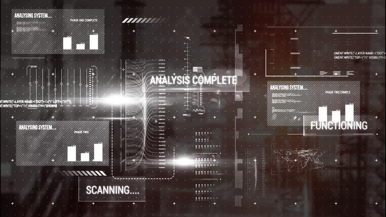 Animation of hud interface with graphs, programming language and lens flare over skyscrapers