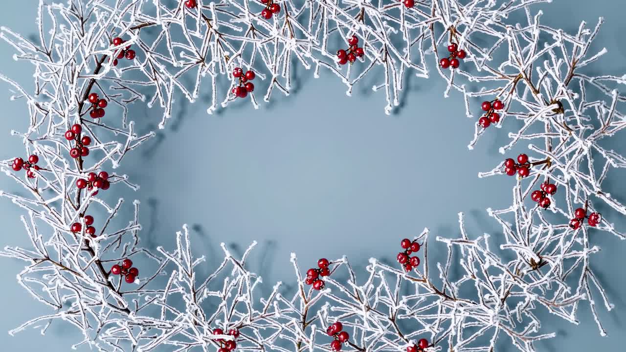 Top-down video frame of frosty branches with red berries, forming a festive wreath