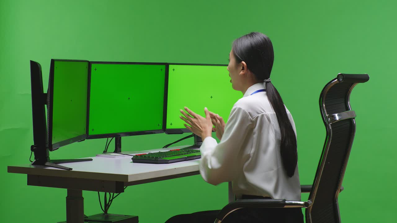 사무실 환경에서 여러 모니터를 사용하는 여성