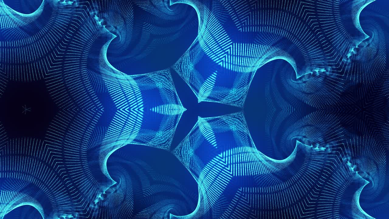 el fondo azul abstracto de 4k de partículas de brillo forma líneas curvas, superficies estructuras simétricas como en el holograma caleidoscópico. tema abstracto de ciencia ficción con ondas de partículas.