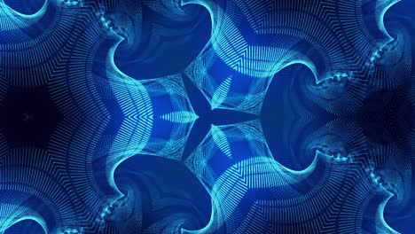 el fondo azul abstracto de 4k de partículas de brillo forma líneas curvas, superficies estructuras simétricas como en el holograma caleidoscópico. tema abstracto de ciencia ficción con ondas de partículas.