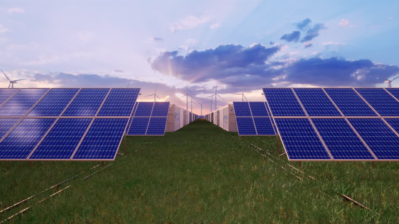 Battery Storage Power Station Accompanied By Solar And Wind Turbine Power Plants. New Energy Concept