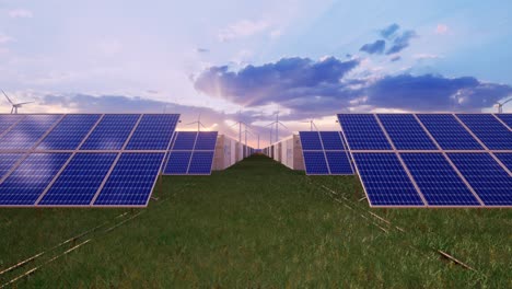 battery storage power station accompanied by solar and wind turbine power plants. new energy concept