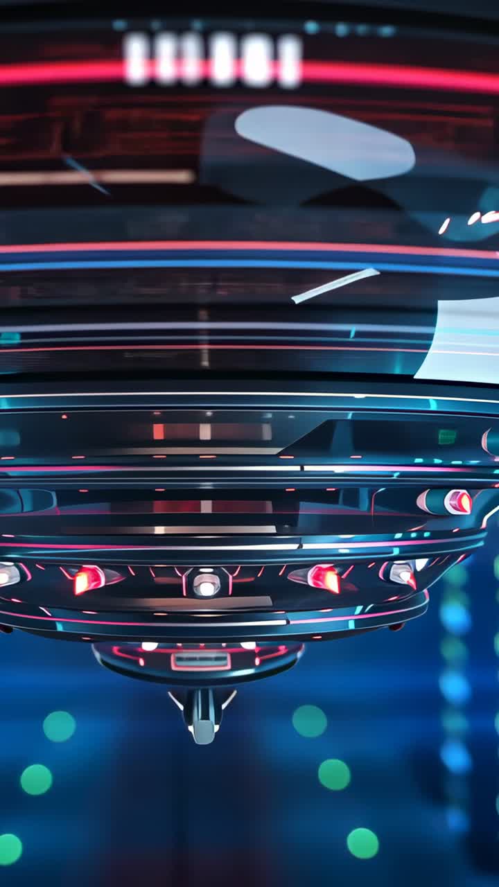 Vertical video: Lights brightening causing ringed device spinning in chamber, with pulsing LEDs