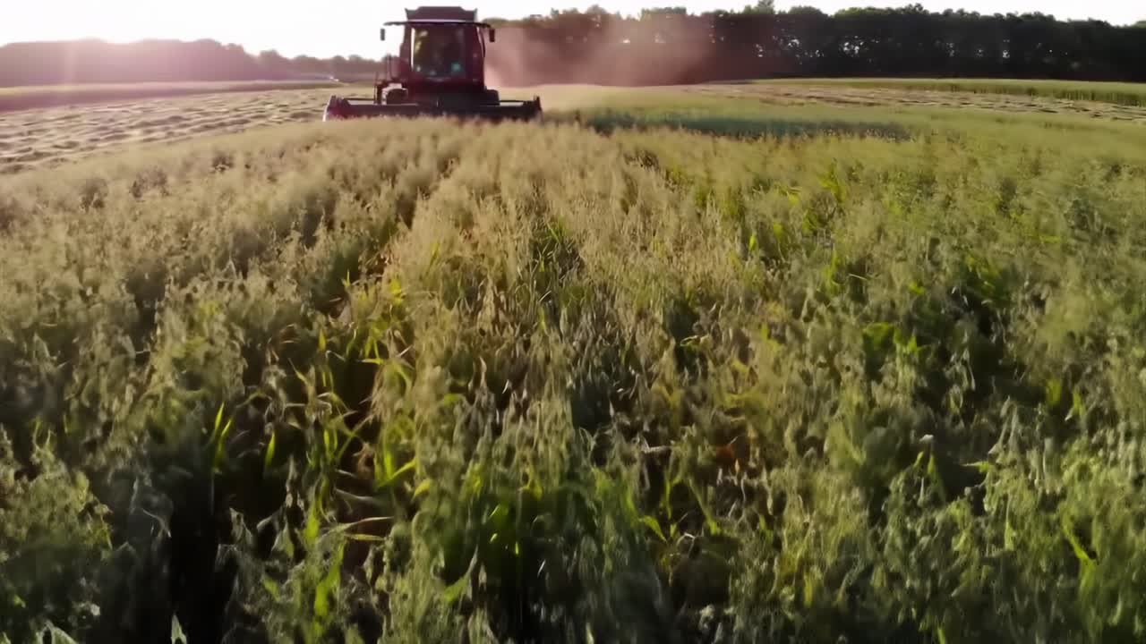 Raccolta di colture in un vasto campo durante la luce del tardo pomeriggio in estate