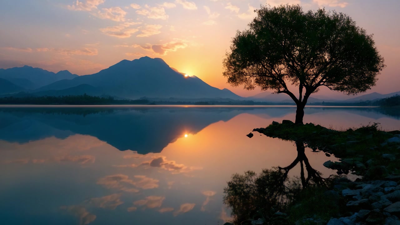 A Serene Sunset Landscape: Majestic Mountains and Reflecting Waters with a Solitary Tree Under a Colorful Sky
