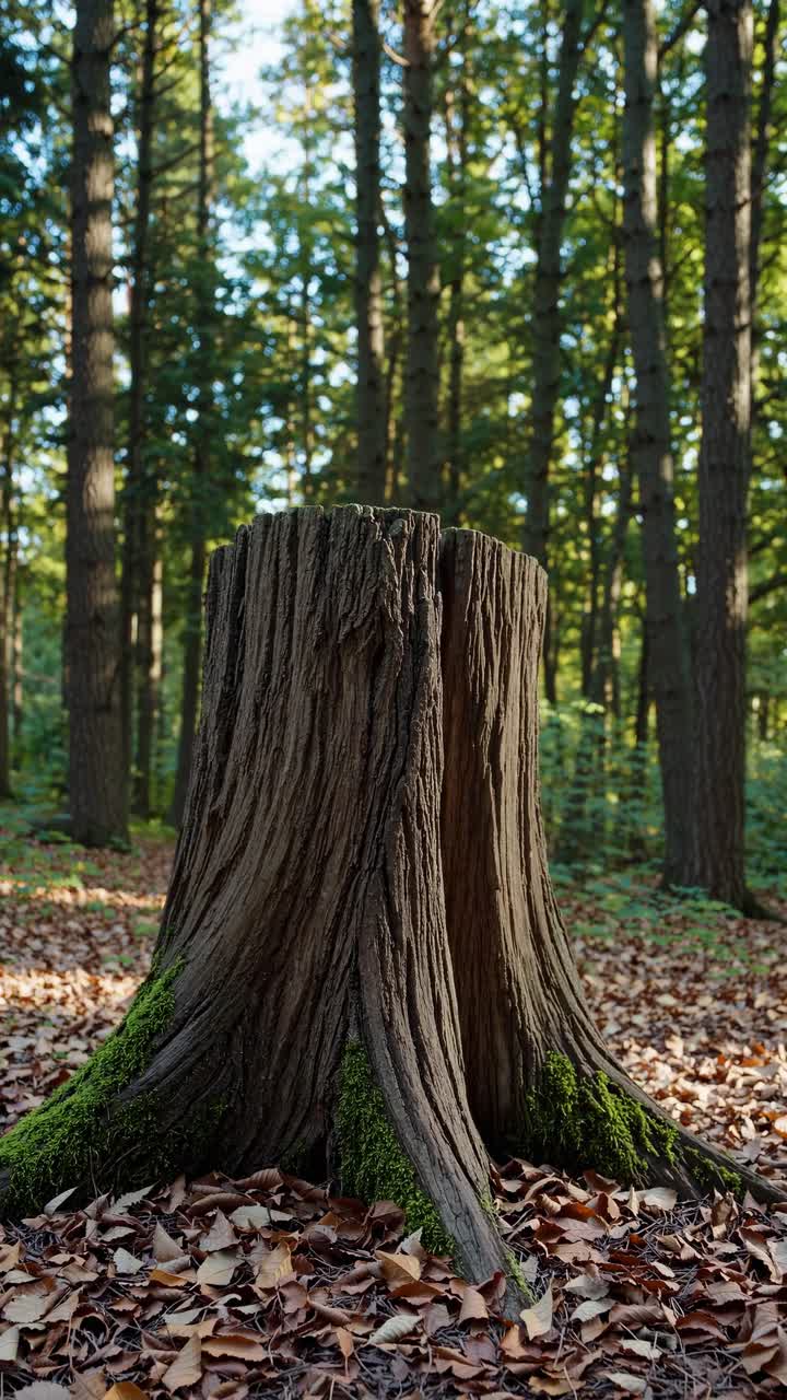 A low-angle video shot of a tree stump in a forest, capturing the textured bark and vibrant green