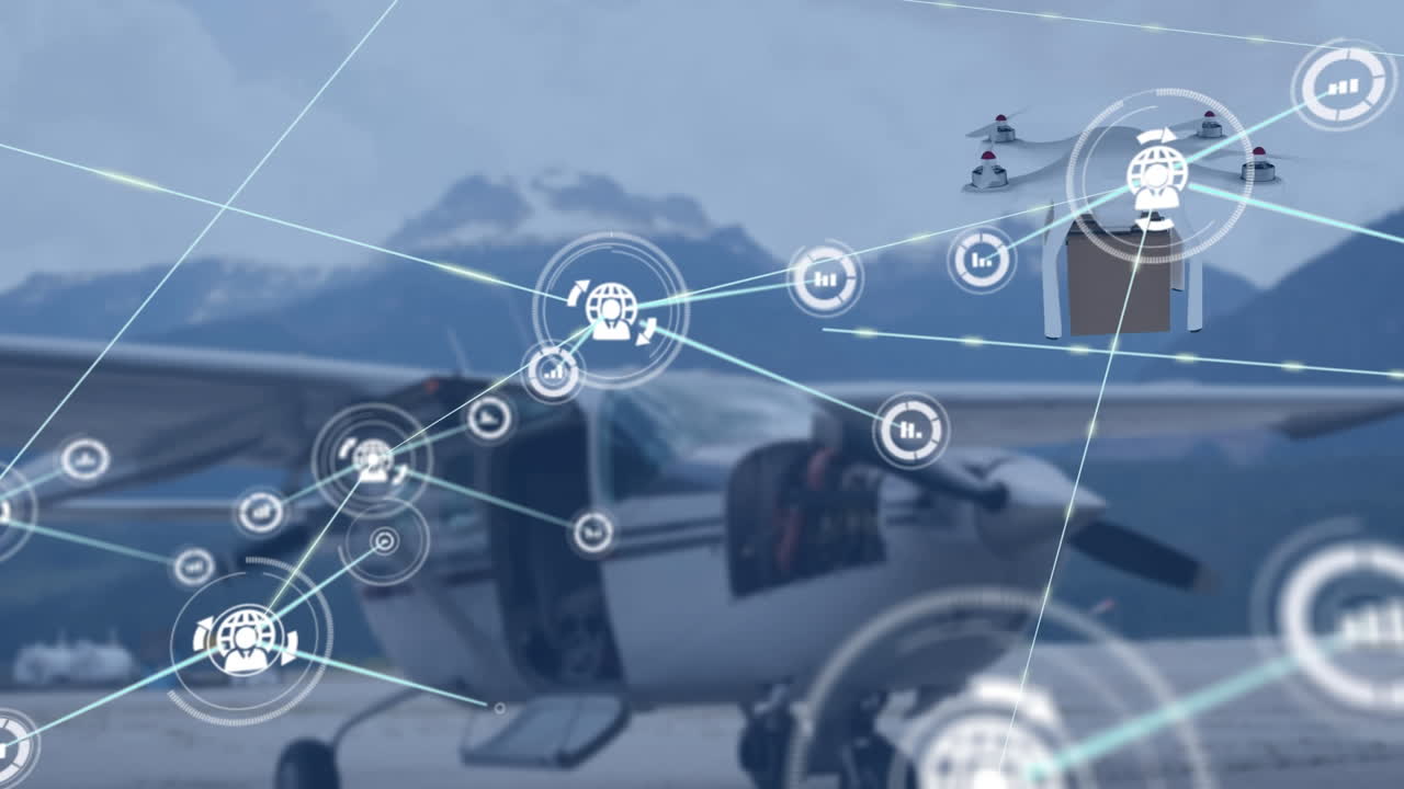 드론을 통해 패키지를 비행기를 통해 연결하는 네트워크의 애니메이션