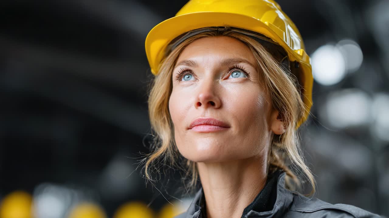 A Contemplative Moment: A Woman in a Hard Hat Reflects on Her Work and Surroundings in an Industrial Setting