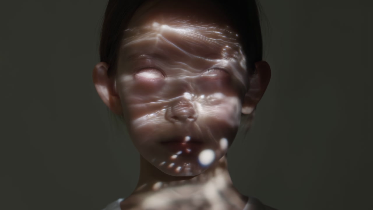 Child Face With Water Ripple Projection, Soft Eyes Partially Obscured By Moving Light Patterns, Intimate